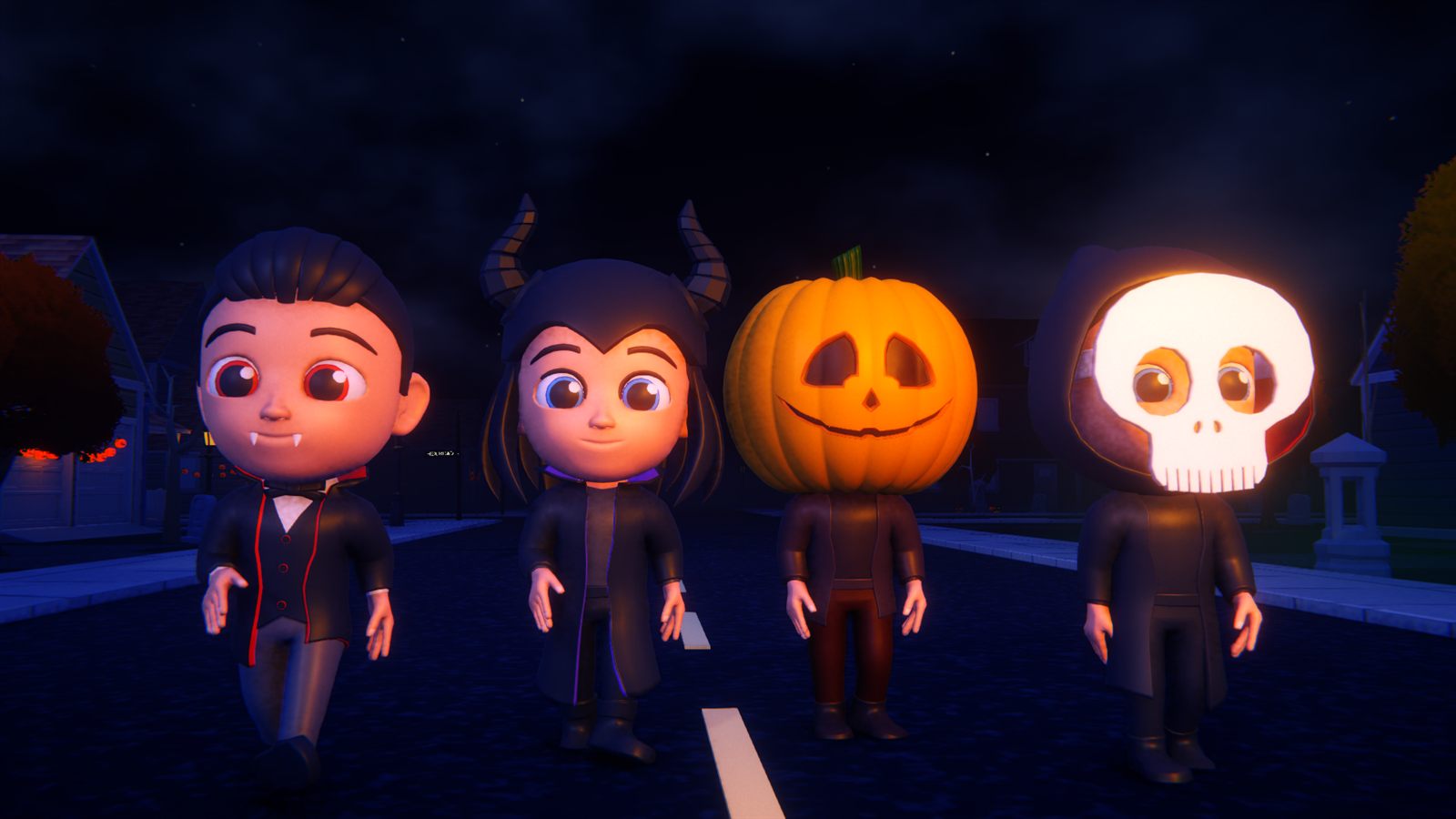 The four playable characters (the Vampire, the Witch, the Pumpkin, and the Reaper) walking down a dark street
