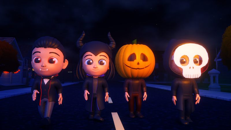 The crew in costume on the street