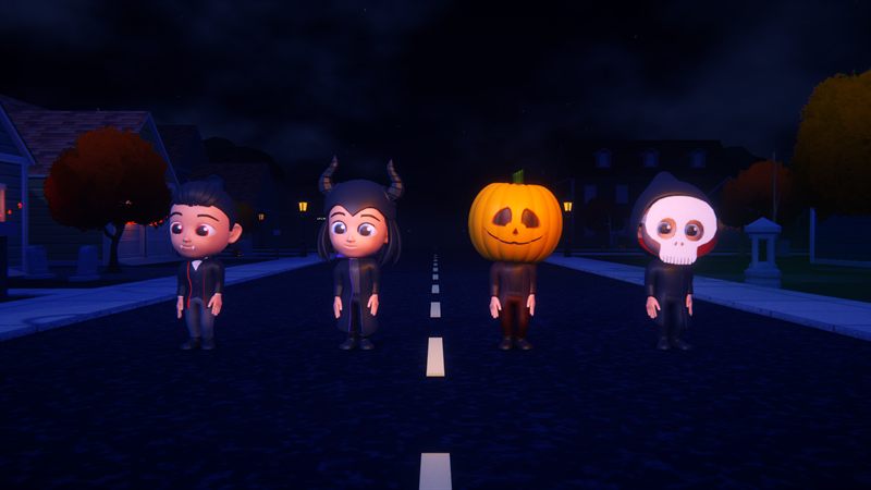 The four playable characters lined up on the street