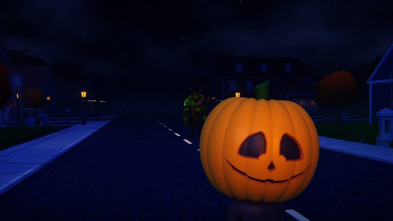 A pumpkin-headed player with a monster lurking down the road