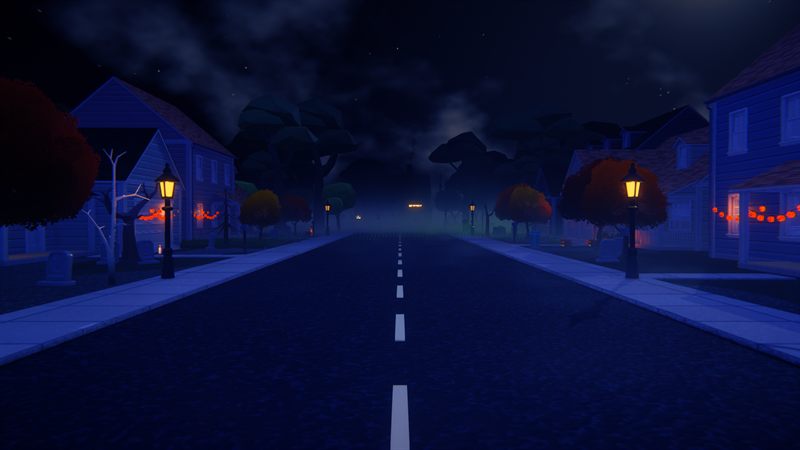 A foggy suburban street at night lined with jack-o'-lanterns